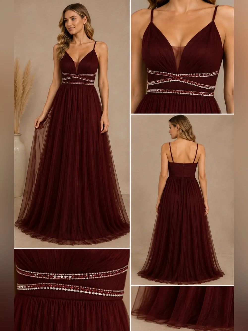 Lovely Grace Burgundy Rhinestone Mesh Formal Gown XL 1XL Prom Bridesmaid Dress